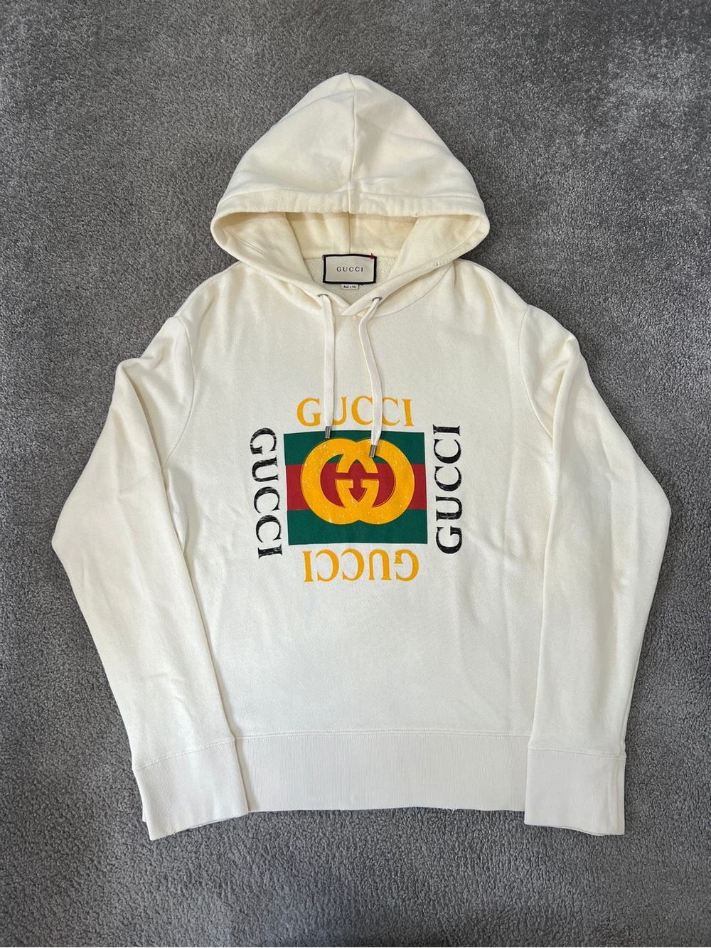 Gucci Cream Zip-Up Hoodie with Green & Red Logo Panel